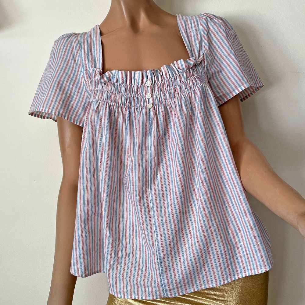 Anthropologie Isabella Sinclair red white blue smocked baby doll blouse S